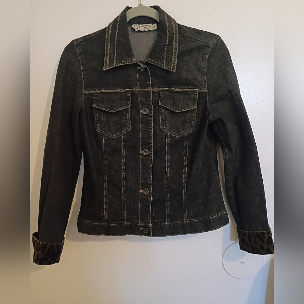 Tribal Women's Black Denim Jacket Animal Print Cuffs Sz 4